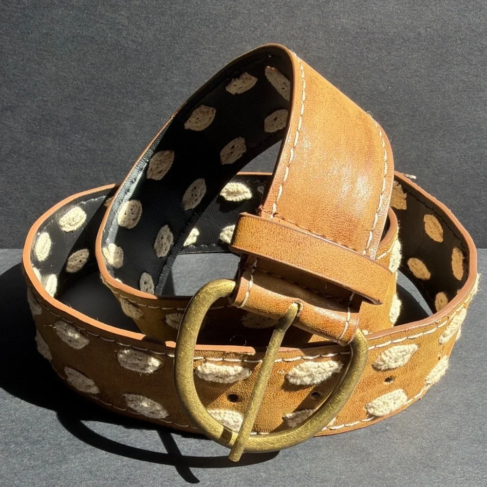 Boho Tan Faux Leather Crochet Polka Dot Wide Belt Brass Buckle Brown Cream